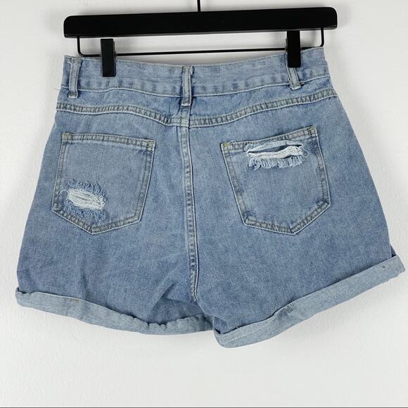 Shein Distressed High Rise Exposed Pockets Cuffed Blue Denim Jean Shorts Small - Picture 4 of 8